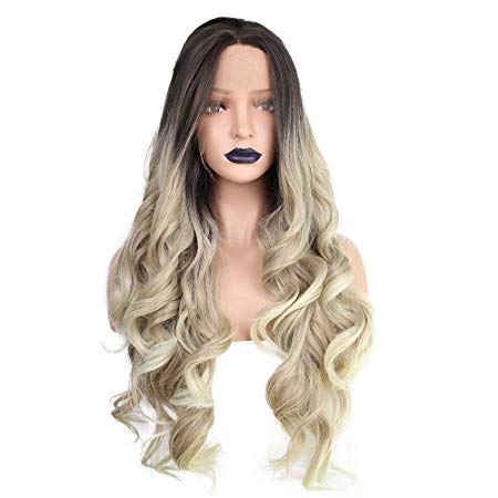 Anogol Hair Cap Dark Roots Ombre Blonde Lace Front Wig Body Wave for Women Synthetic Heat Resistant Hair for Fancy Dress Replacement Wigs