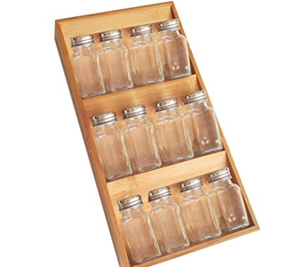 JustNile Spice Rack Cabinet Drawer with 12 Glass Jars and Bottle Caps; 3-Tier Tray Organizer Accessories Holder for Kitchen and Dining Room - 100% Natural Bamboo Wood