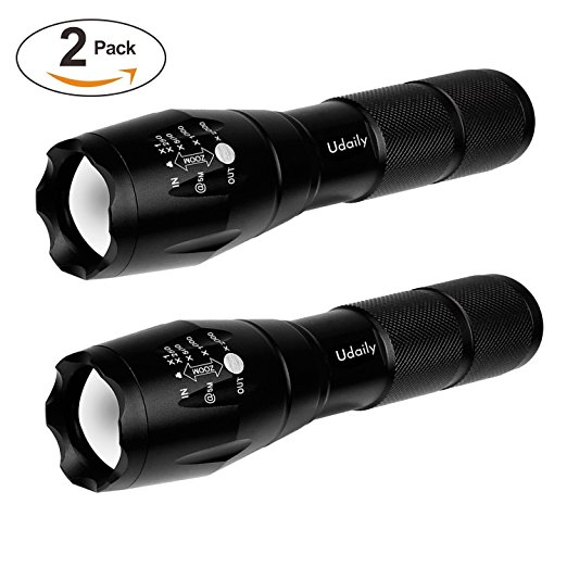 Udaily A100 High Powered Tactical Flashlight Ultra Bright LED Handheld Flashlight - Portable Outdoor Water Resistant Torch with Adjustable Focus and 5 Light Modes for Camping Hiking etc (2 Pack)