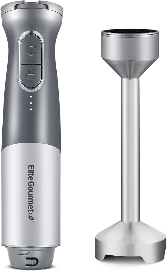 Elite Gourmet EHB1300 Cordless Rechargeable Hand Blender, Variable Speed Blending, One-Touch Power, Stainless Steel Blade, Portable, Easy Control Stick Mixer, Sauces, Soup, Smoothies, Baby Food, Grey