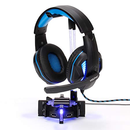 ENHANCE Gaming Headset Stand Headphone Holder with 4 Port USB Hub, Customizable LED Lighting, Flexible Acrylic Neck - Universal Hanger with Weighted Base for Desktop Audio Organization