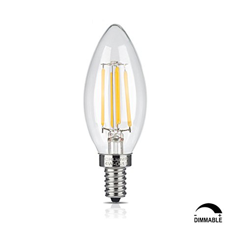 CRLight 4W Dimmable LED Filament Candle Light Bulb, 2700K Warm White 400LM, E12 Candelabra Base Lamp, C35 Torpedo Shape Bullet Top, Clear Glass Cover, 40W Incandescent Replacement