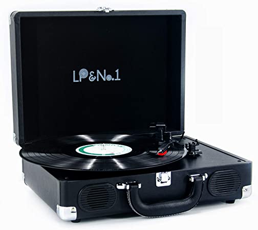 LP&No.1 Suitcase Bluetooth Turntable with Stereo Speaker,3 Speeds Vinyl Record Player Black