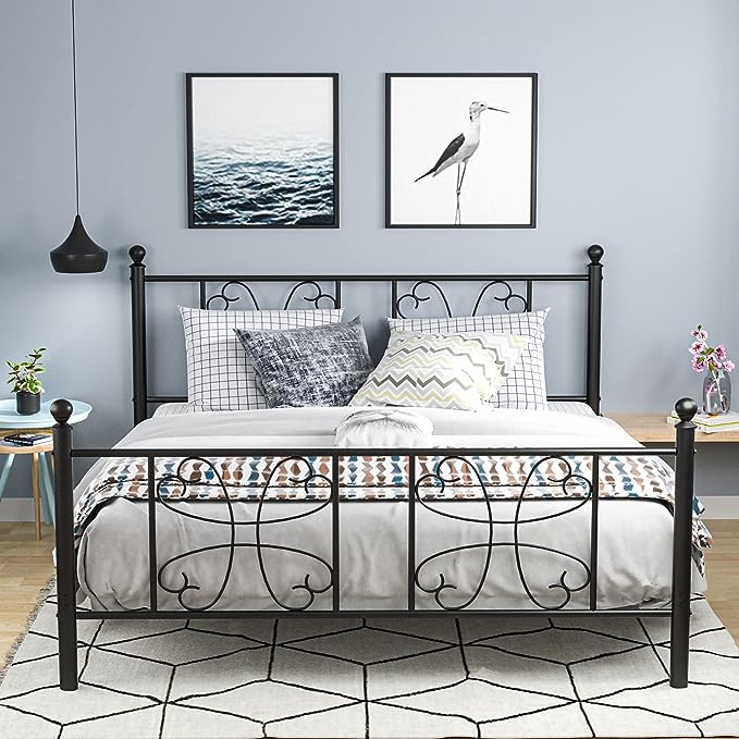 VECELO Queen Metal Platform Bed Frame Mattress Foundation with Iron-Art Headboard and Footboard, No Box Spring Needed, Noise-Free, Easy Assembly, Under Bed Storage