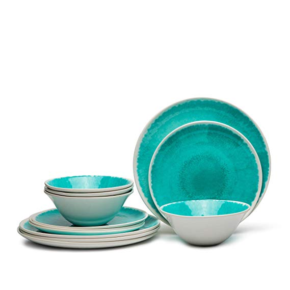 Melamine 12-Piece Dinnerware Set - Dishes Set Suitable Indoors and Outdoors，Service for 4,Lightweight, Turquoise