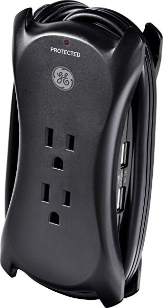 GE 14015 Surge, Travel, 3 Outlets, 1050J, 1.5' Cord, USB, 2 Ports, 2.1A, Black