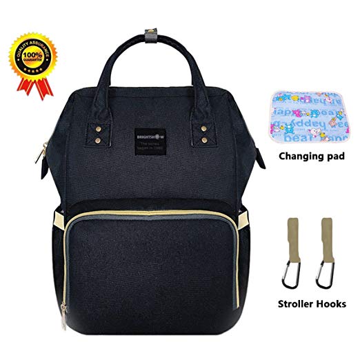 BRIGHTSHOW Diaper Bag Backpack Multi-Function Waterproof Travel Backpacks Organizer Bags for Baby Care, Large Capacity, Stylish and Durable with Changing pad/Stroller Hooks (Black Changing Pad)