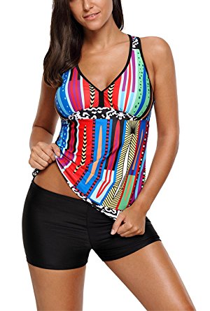 Dokotoo Womens Racerback Printed Tankini Tops Swimsuits with Swim Shorts (S-XXXL)