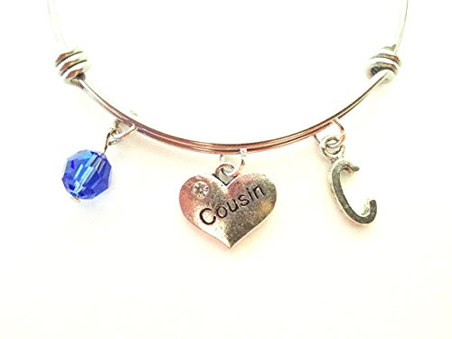 Cousin themed personalized bangle bracelet. Antique silver charms and a genuine Swarovski birthstone colored element.