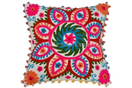 Pom Pom Pillow Cover, Suzani Pillows 16x16, Outdoor Cushions Cover, Bohemian Pillow Cases Decorative