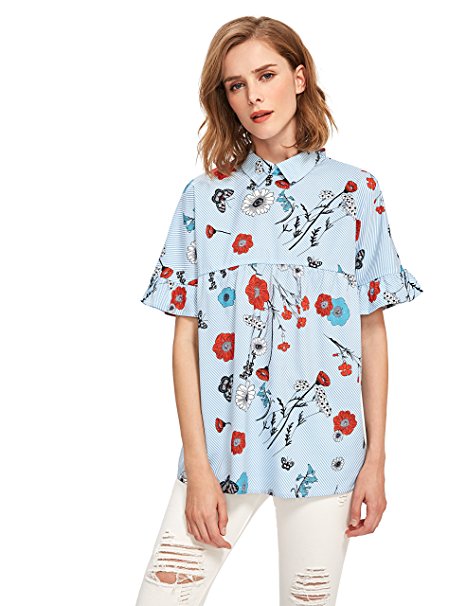 ROMWE Women Striped and Floral Print Shirt Collar bowknot Back Ruffle Short Sleeve Babydoll Top Blouse