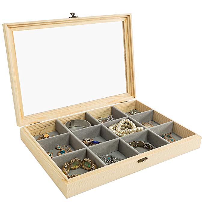 Wooden Jewelry Tray with Lid, Jewelry Display Storage Organizer with Removable 12 Grid, Jewelry Showcase Storage Box for Rings, Earrings , Necklaces, Bracelet , Brooch Buttons, 13.8 x 9.5 x 2 inch ,