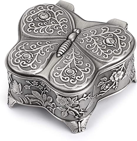 Hipiwe Vintage Metal Jewelry Trinket Box - Butterfly Shape Jewelry Organizer Treasure Chest Ring Holder, Earrings Necklace Storage Box Keepsake Box for Girls Women