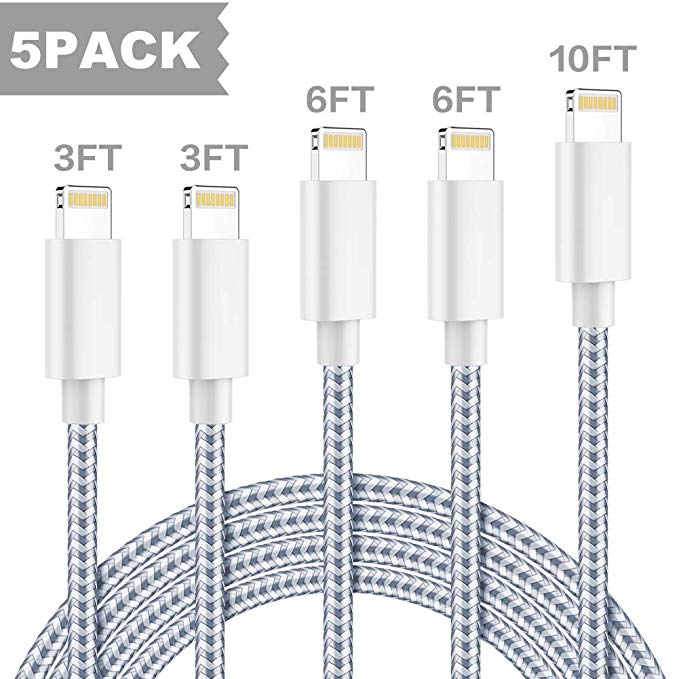 Binecsies iPhone Charger MFi Certified Lightning Cable 5 Pack [3/3/6/6/10FT] Extra Long Nylon Braided USB Charging & Syncing Cord Compatible iPhone Xs/Max/XR/X/8/8Plus/7/7Plus/6S/6S Plus/SE/iPad More