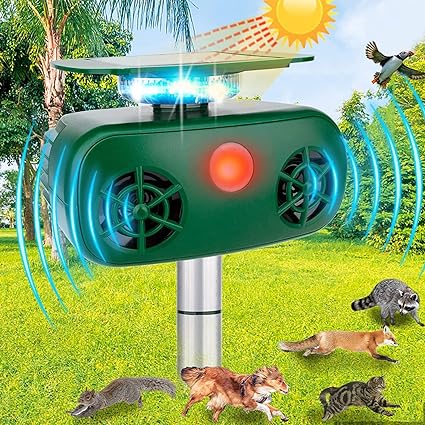 Ultrasonic Animal Repeller, Solar Powerwd Animal Repeller, Cat Bird Repellent Outdoor Solar Powered Ultrasonic Repeller Waterproof Dog Deterrent Squirrel Raccoon Deer & More Repellent for Yard Garden