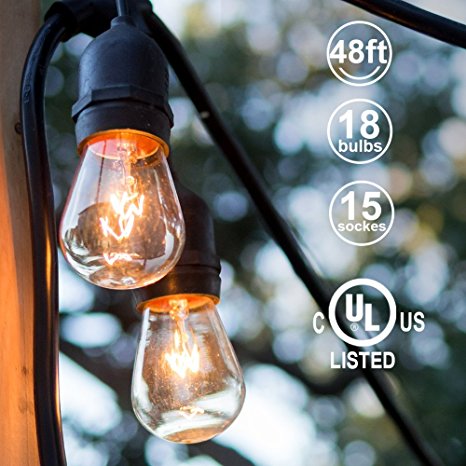ADDLON 48ft Outdoor String Lights Commercial Great Weatherproof Strand 18 Edison Vintage Bulbs 15 Hanging Sockets, UL Listed Heavy-Duty Decorative Café Patio lights for Bistro Garden Wedding Malls