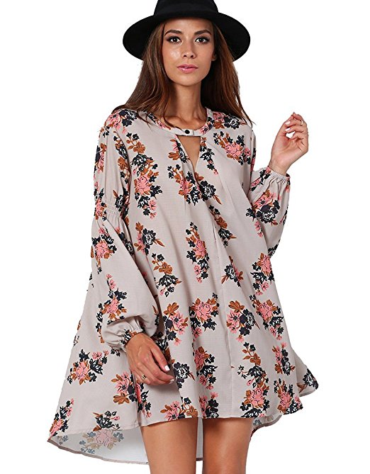 Women's Long Sleeve Chiffon Keyhole Floral Boho Shift Casual Dress Sweatshirt