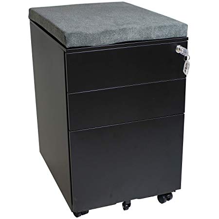 CASL Brands Rolling Mobile File Cabinet with Lock & Cushion Seat, Small Steel 3-Drawer Filing Storage System, Black with Gray Cushion