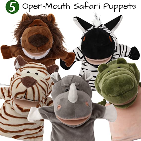 5-Piece Set Animal Hand Puppets with Open Movable Mouth/Zoo, Safari, Farm, Jungle/Tiger, Rhino, Lion, Crocodile and Zebra