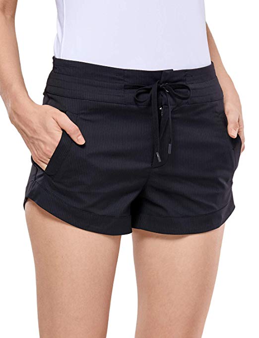 CRZ YOGA Casual Short for Women Go to Studio Lounge Shorts Woven Striped Drawstring Board Short Pants with Pockets -3 inches