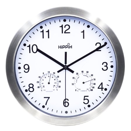 Hippih 12 Inch Silent Non-ticking Wall Clock- Metal Frame Glass Cover