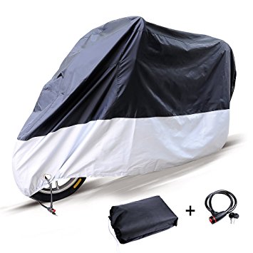 Powertiger Waterproof Motorcycle Cover Outdoor Breathable Motorcycle Cover Fits up 86'' Motors with Lock,Anti Theft,Protect Against Dust,Debris,Rain and Weather,Black Silver