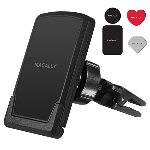 Macally Universal Air Vent Magnetic Car Mount Phone Holder for Cell Phones, GPS, & Mini Tablets | 4 Metal Plates Included Circle, Rectangle, Heart, & Diamond (MVENTMAG)