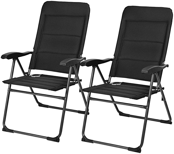 Giantex Set of 2 Patio Chairs, Folding Chairs with Adjustable Backrest, Outdoor Sling Chairs for Bistro, Deck, Backyard, Armchair with Padded Seat, 300 lbs Capacity (2, Black)