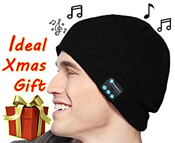 Bluetooth Wireless Beanie Hat Unique Awesome Christmas Tech Gifts Under 20 Teen Boy Man Woman Girl Party Unisex Stereo Speaker and Microphone Knit Skull Cap (Black)