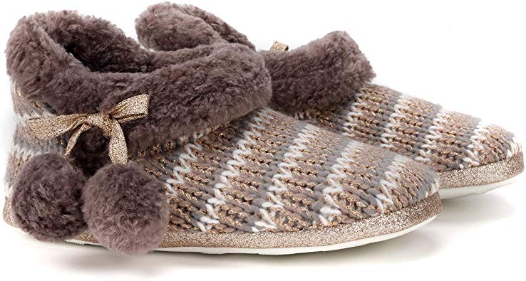 PENNYSUE Slippers Womens Indoor House Boots Knitted Upper Ladies Girls Slipper with Pom Poms Memory Foam Soles
