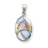 Sterling Silver Polished Flat back Multi Color Simulated Mother of Pearl Oval Shaped Pendant