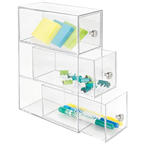 mDesign Home Office, Desk Organizer Storage Station for Storing Gel Pens, Erasers, Tape, Push Pins, Pencils, Markers - Compact, Space Saving - Use Vertically or Horizontally - 3 Drawers - Clear