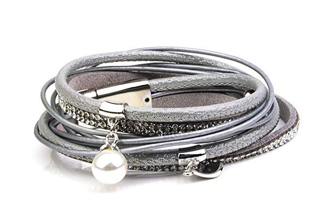 Multi Strand Real Leather Bracelet with Diamantes, Silver beads and a Pearl UK
