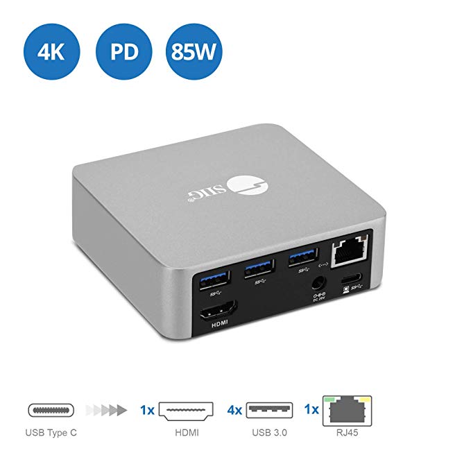 SIIG Aluminum USB C Mini Docking Station 85W PD Charging, Thunderbolt 3 Compatible Type C MacBooks/Windows/Chromebooks (HDMI 4K@30Hz, Gigabit Ethernet, 4X USB 3.0 Ports, USB-C PD)