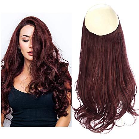 SARLA Halo Hair Extension Secret Invisiable Flip Hidden Wire Crown Wine Red Natural Curly Long Synthetic Hairpiece For Women Japan Heat Temperature Fiber 18" 4.4oz