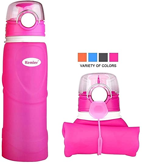Kemier Collapsible Water Bottle-Foldable Water Bottle for Travel,BPA Free Silicone Leak Proof Portable Sports Water Bottle Lightweight with Carabiner 26oz