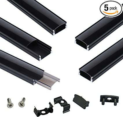 Muzata 5Pack 3.3FT/1M Black LED Channel System with Crystal Smoky Transparent Anti-UV Sun Protection Clear Cover, Aluminum Extrusion Track Housing Profile for Strip Tape Light, U1SW BB 1M,LU1 UV1