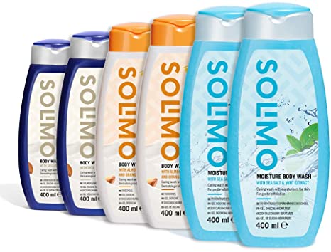 Amazon Brand - Solimo Body Wash - Mixed Pack of 6 (2 x Shea Butter, 2 x Almond & Orange Body Wash, 2 x Sea Salt & Mint Extract)