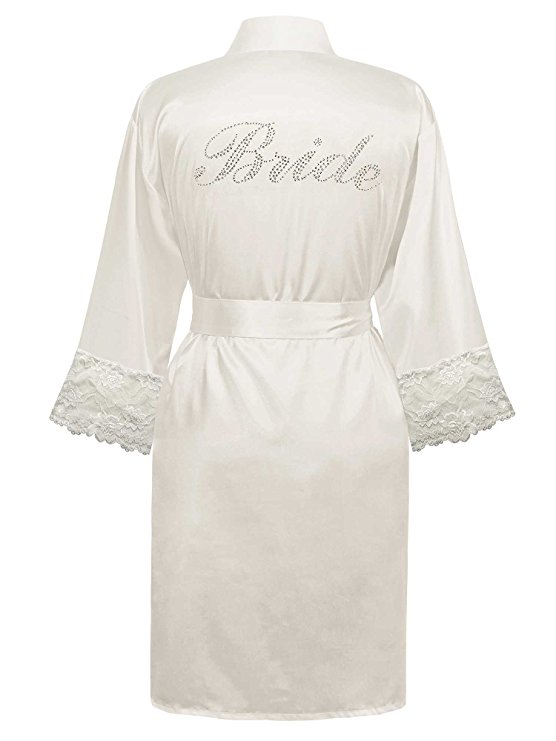 Swhiteme Bridal Robe with Rhinestones, 3/4 Sleeves, Lace Trim