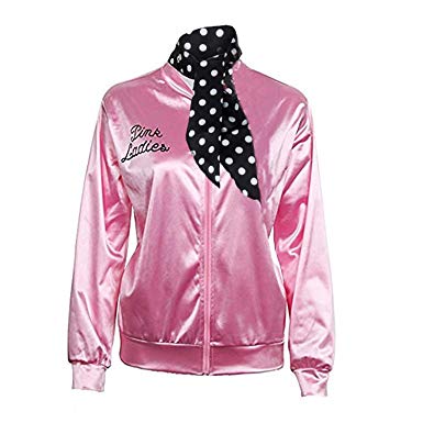 Pink Ladies Jacket 50S T Bird Danny Pink Satin Jacket Halloween Costume with Neck Scarf