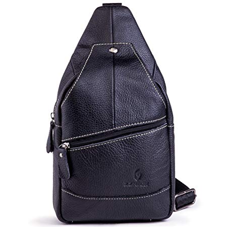 Genuine Leather Shoulder Sling Backpack Bag Unisex Outdoor Crossbody Sling Pack Sport Daypack - Black