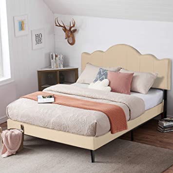 VECELO Full Upholstered Platform Bed Frame with Adjustable Headboard, Mattress Foundation with Strong Wood Slat Support, No Box Spring Needed, Beige