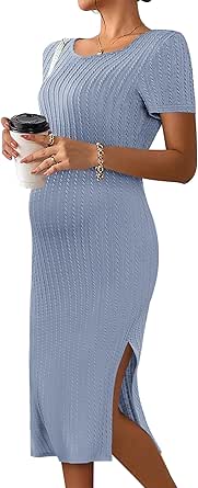 Ekouaer Maternity Dress Rib Knit Short Sleeve Bodycon Dresses Casual Stretchy Pregnancy Clothes S-XXL