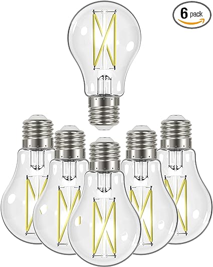 Satco (6 Pack) Dimmable Led Filament Lamps, S12415, High Lumens, 8 Watt, A19; Clear; Medium Base; 3000K; 90 CRI; 120 Volt for use at Residential, Hospitality, Display and Commercial