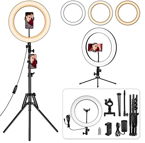 14 inch Ring Light with Stand and Phone Holder, Dimmable Ring Light Kit with Dual Tripod, Heighten Hose, Selfie Light Ring for Tiktok/YouTube Video, Makeup, Live Streaming, Photography