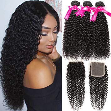 Hermosa Brazilian Curly Human Hair Bundles with Closure Grade 10A Virgin Unprocessed Brazilian Hair Weave Bundles with Closure Free Part (16/16/16 14 Inch, Natural Black)