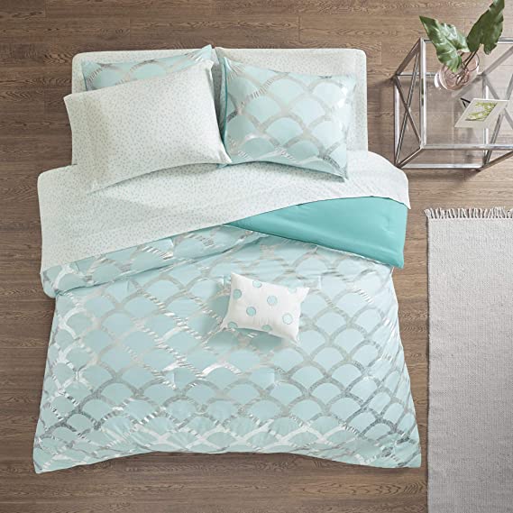Intelligent Design Lorna Complete Bag Trendy Metallic Mermaid Scale Scallop Print Comforter with Polka Dots Sheet Set, Teen Bedding for Girls Bedroom, Full, Aqua