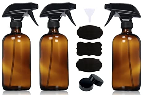 Empty Amber Glass Spray Bottles with Caps, Labels and Funnel (3 Pack) - 16oz Refillable Container for Essential Oils, Cleaning Products, or Aromatherapy (3 pack w/Sprayer)