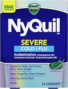 Vicks NyQuil Severe Cold, Flu, & Congestion Medicine, 24 Liquicaps, Maximum Strength, 24Count