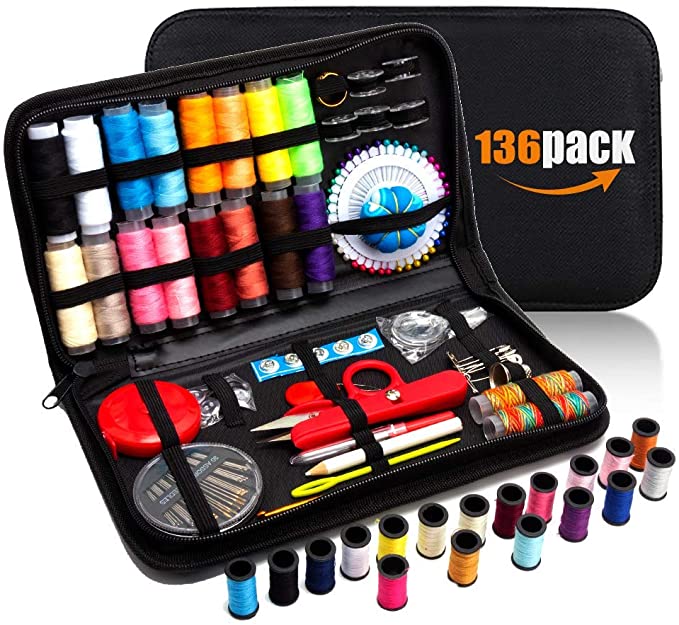 Sewing Kit, 136 PCS DIY Premium Sewing Supplies, Zipper Portable Mini Sew Kits for Kids, Traveler, Beginner, Emergency, Filled with Scissors, Thimble, Thread, Needles, Tape Measure, Carrying Case